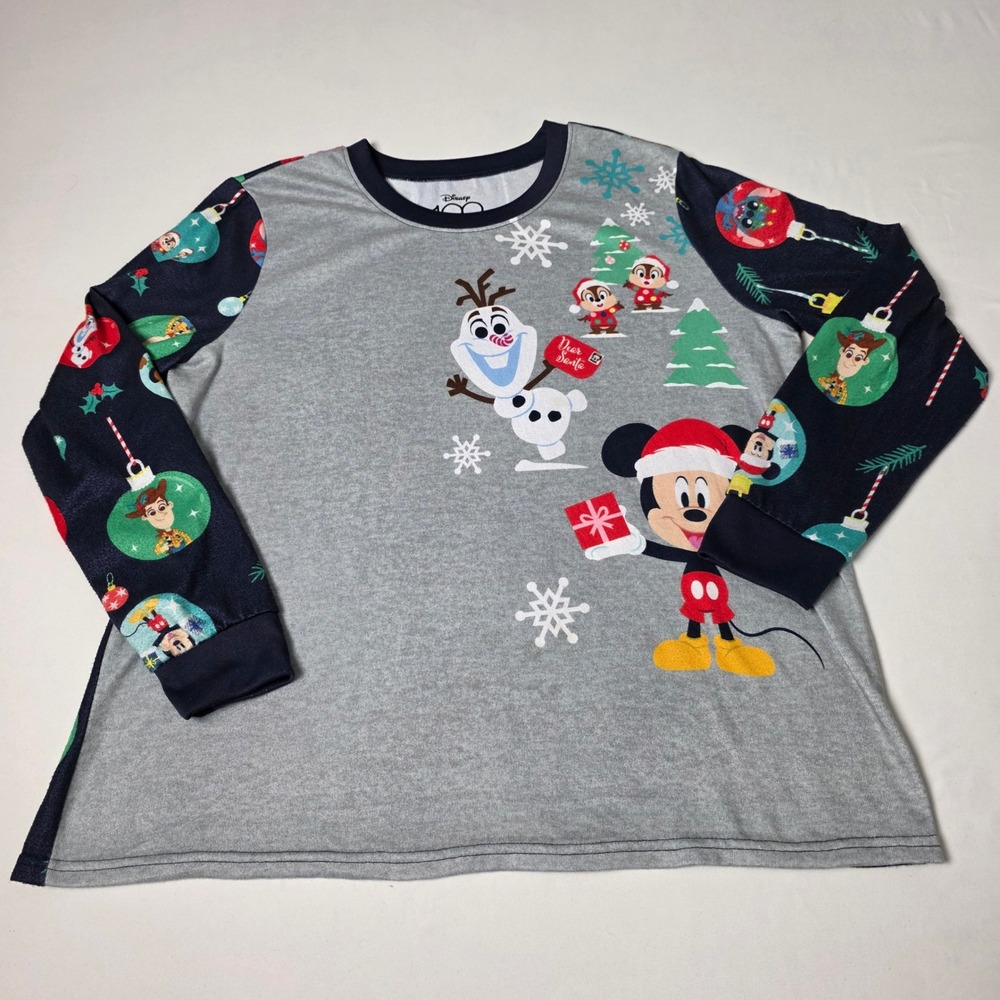 Disney Pajama Top Women XL Gray Blue Mickey Olaf Holiday Christmas Long Sleeve